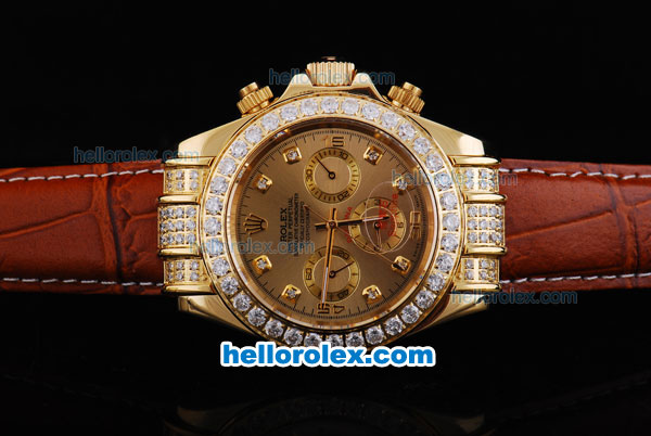 Rolex Daytona Oyster Perpetual Date Automatic Gold with Diamond Case,Gold Dial and Diamond Marking-Leather Strap - Click Image to Close